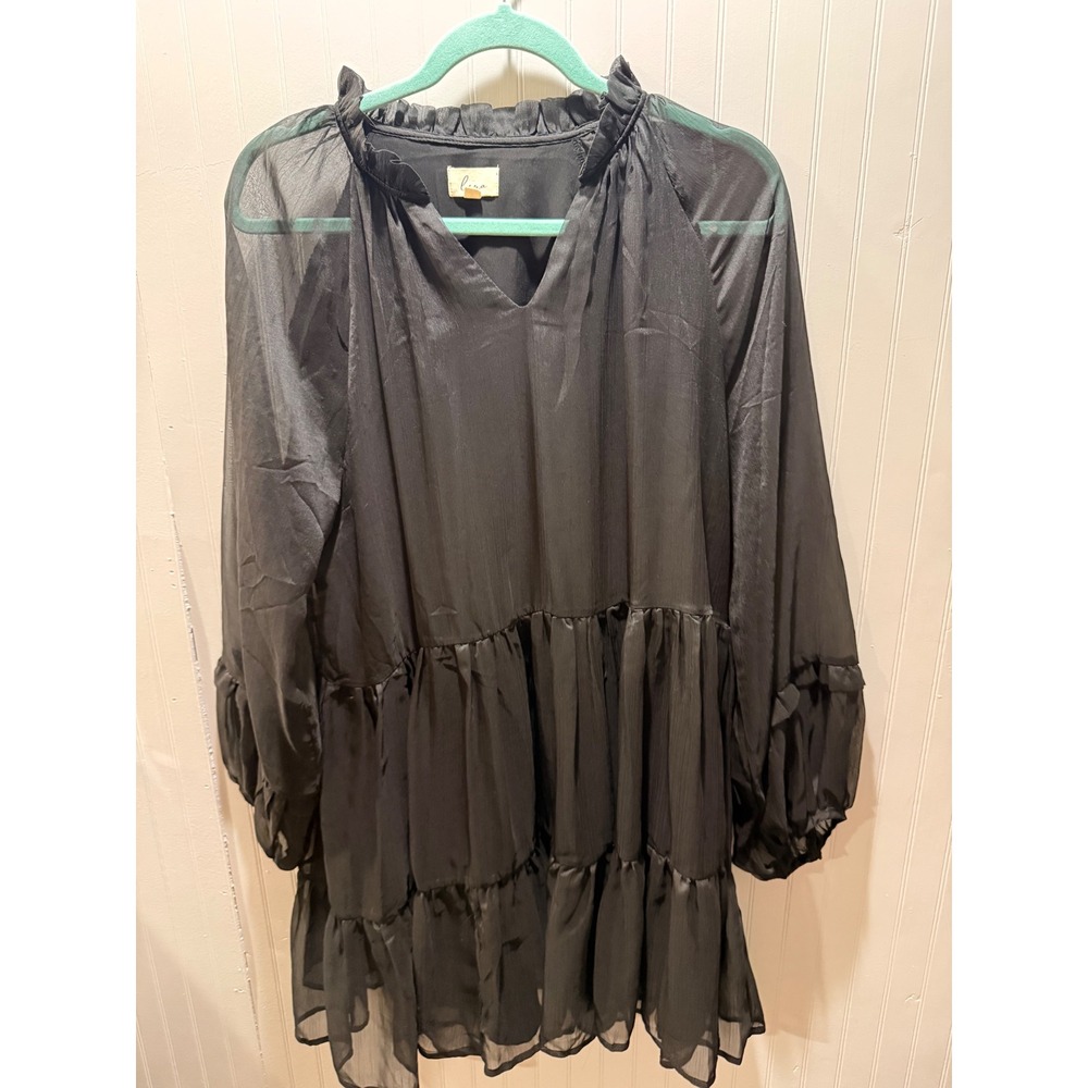 Lena Womens Black Sheer Tiered Mini Dress Ruffle‎ Neck Long Sleeve Babydoll M